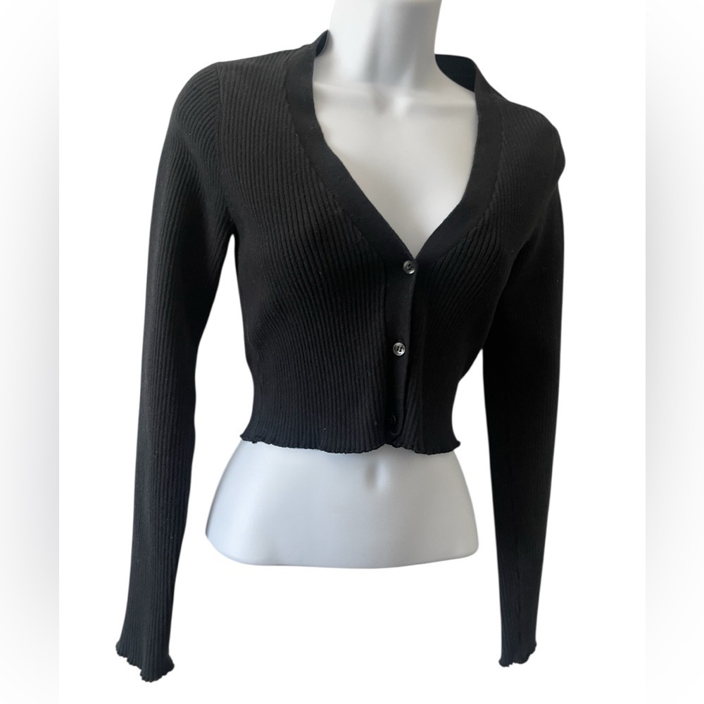 GOOD AMERICAN Black Cropped Cardigan Size 1/2 Ribbed Knit Cozy - Picture 3 of 7